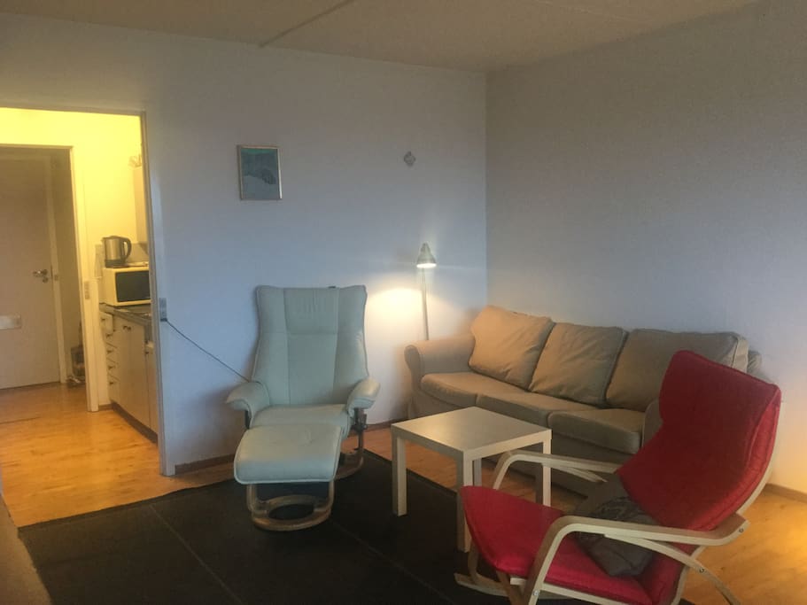 Comfortable living room with reclining chair, rocking chair and a great couch for sleeping on.