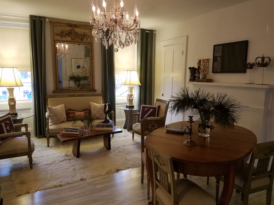 Main parlor set for our holiday guests and decked with Ponderosa Pine