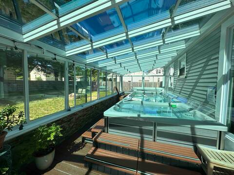 Swim spa under the starry night pool/hot tub/sauna