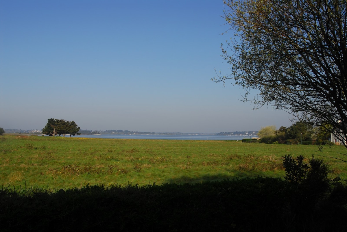 A panoramic view of serene green fields extends towards a calm waterway, under clear blue skies. Trees frame the scene, offering a sense of tranquility. The distant landscape suggests a charming coastal area, contributing to the peaceful ambiance of the location.
