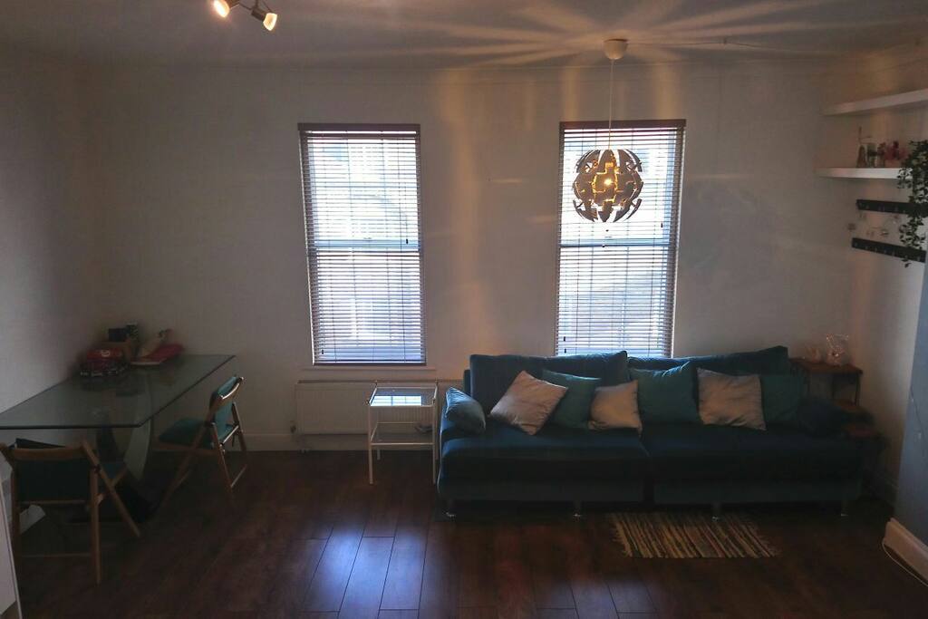 Spacious and high ceiling living room in the evening