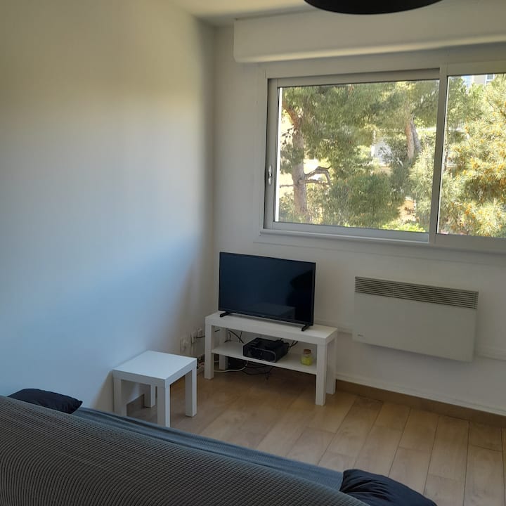 Dnevni boravak s kaučem i TV-om 80 cm  i malim stolom 