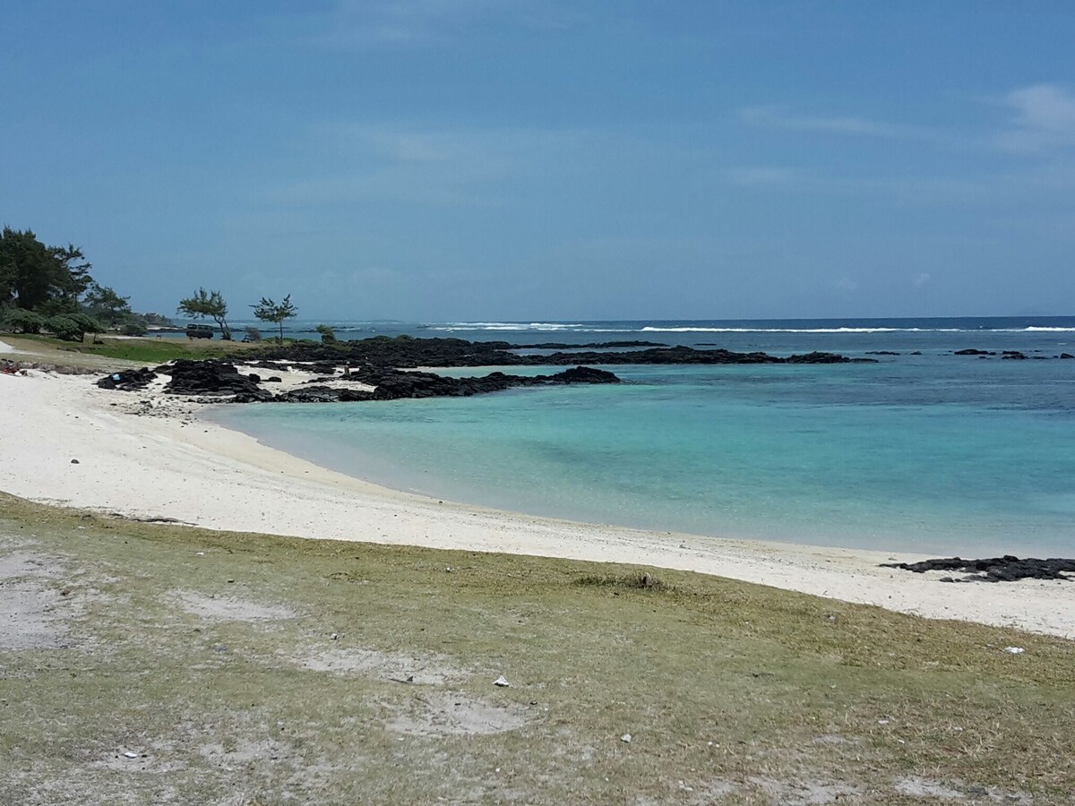 A serene beach scene features soft white sand transitioning to calm turquoise waters. Dark volcanic rocks dot the shoreline, while greenery is visible in the distance, completing the tranquil coastal view under a clear blue sky.