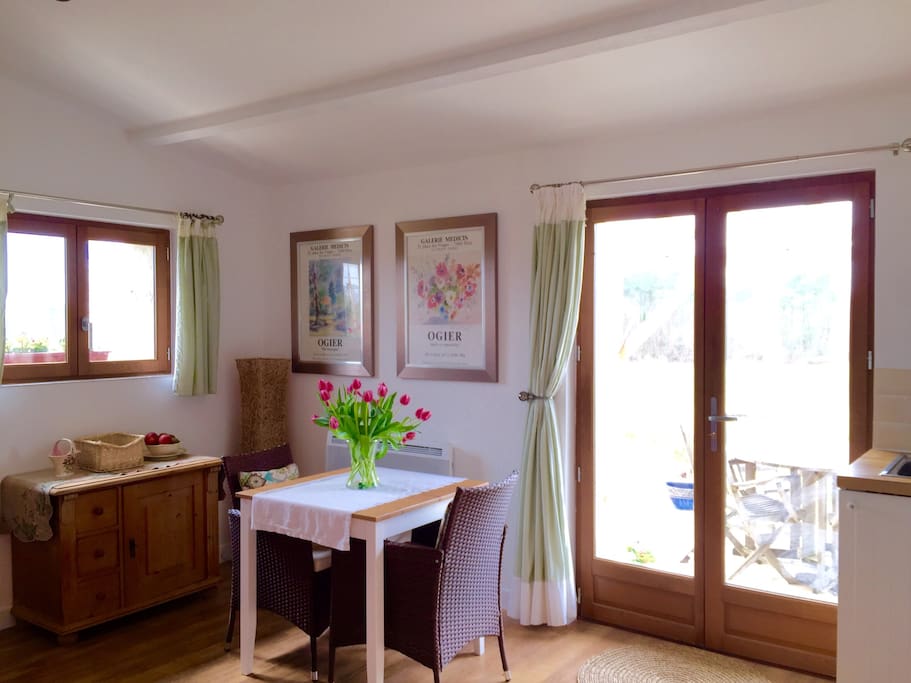 This shows you part of the main living space in the gite. You can open the doors wide and feel the great outdoors, the fresh sparkling French air and the sense of the wide open space you are in.