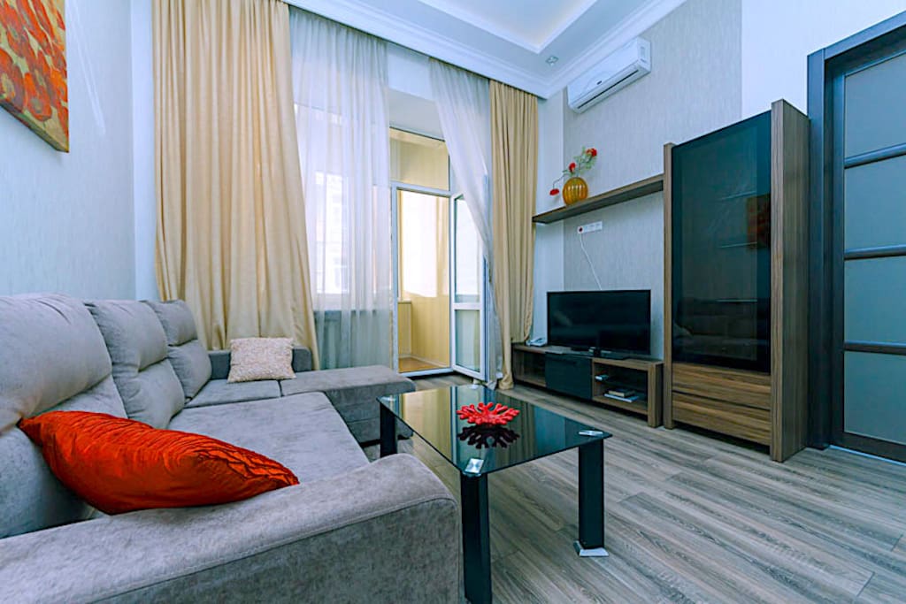 Here, high ceilings, separate kitchen and separate bathroom, large double bed, orthopedic mattress, corner sofa bed, air conditioning, large flat screen TV, internet WI-FI.