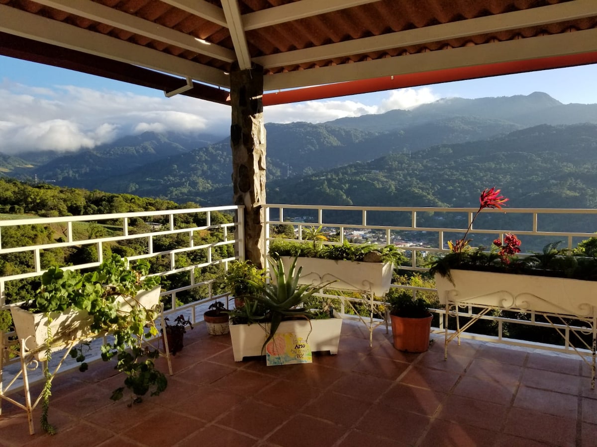 A shared terrace showcases a panoramic view of the highlands and the town of Boquete. Several potted plants and decorative planters are positioned along the railing, complementing the natural surroundings. The tiled floor and wooden roof enhance the open-air feel of the space.