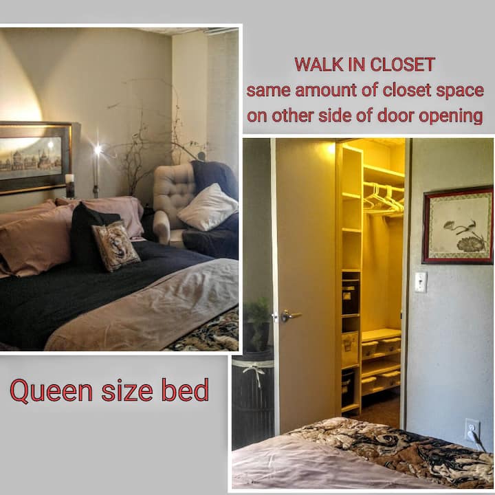 queen size bed with a walk in closet