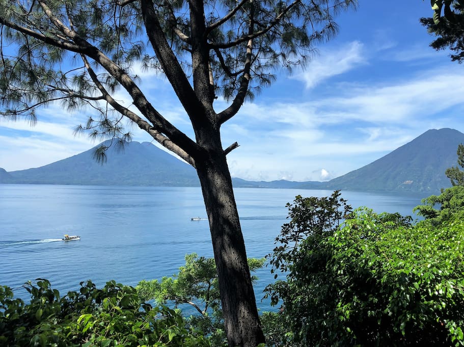 View of volcano Atitlan, volcano Toliman and volcan San Pedro from patio.