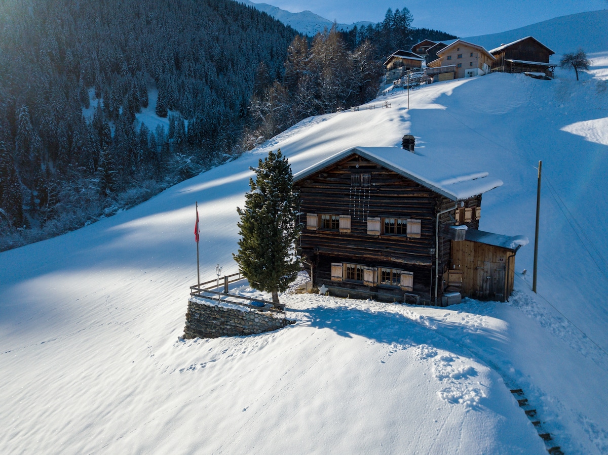 A wooden chalet surrounded by snow-covered fields stands amidst a serene winter landscape. Pine trees dot the hillside, and a Swiss flag is seen by the entrance. The structure features classic architecture with a rustic charm, blending harmoniously with the snowy surroundings.