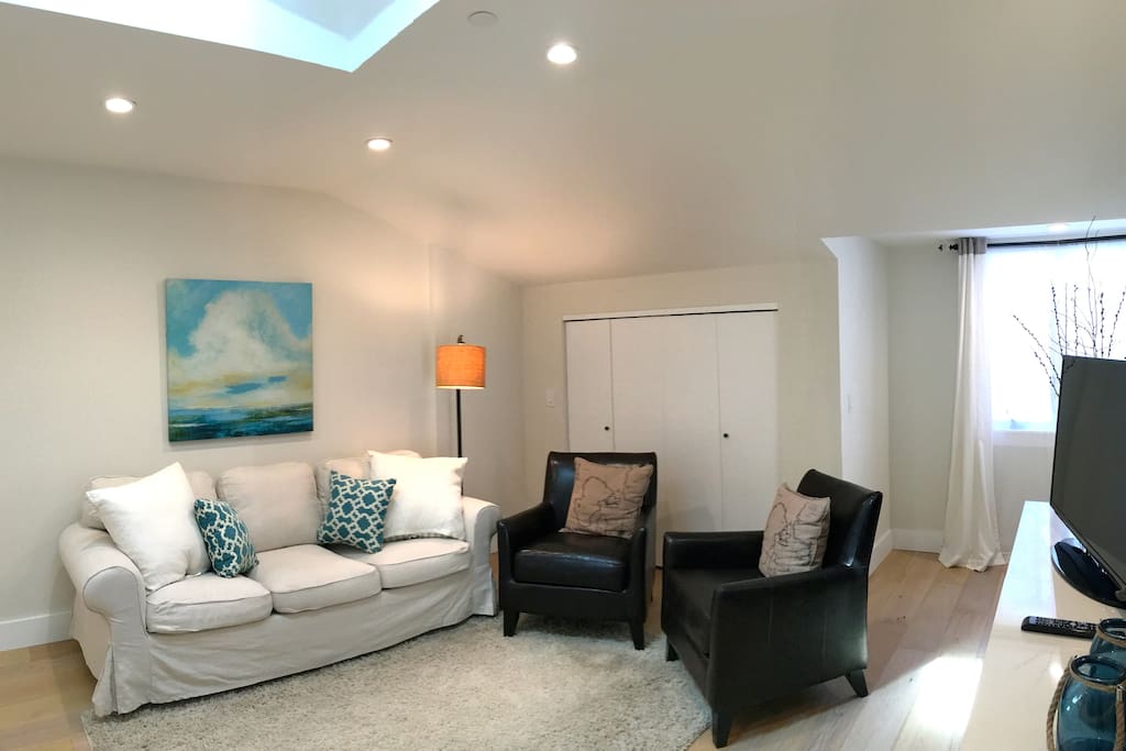 Bright Living Room with desk, television and skylight.