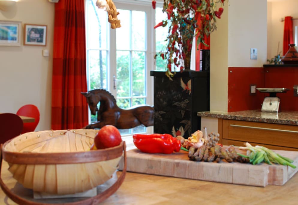 Kitchen. Gas hob, electric grill and two ovens, dishwasher, american style fridge freezer, microwave, double sink.