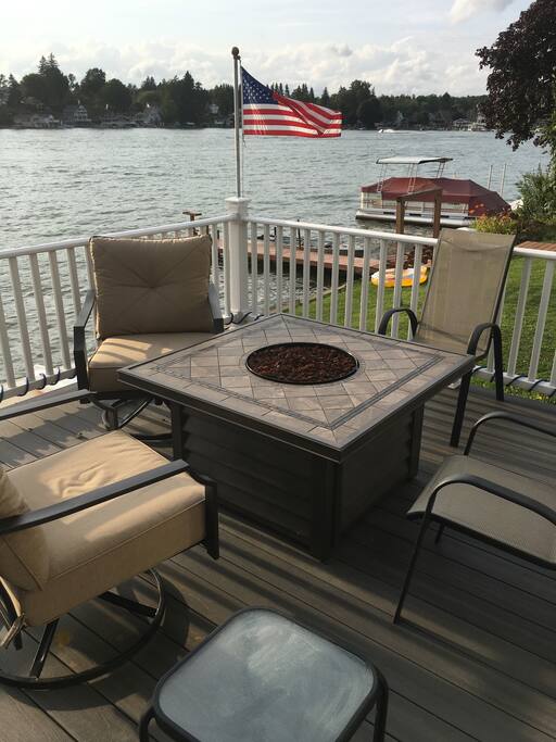 Gas fire table overlooking the lake