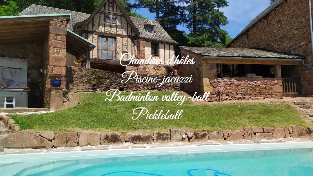 A view of the outdoor area features a swimming pool with blue water, framed by stone walls. A jacuzzi is visible nearby, along with a seating area for relaxation. The surrounding trees provide shade, creating a tranquil environment for leisure activities.