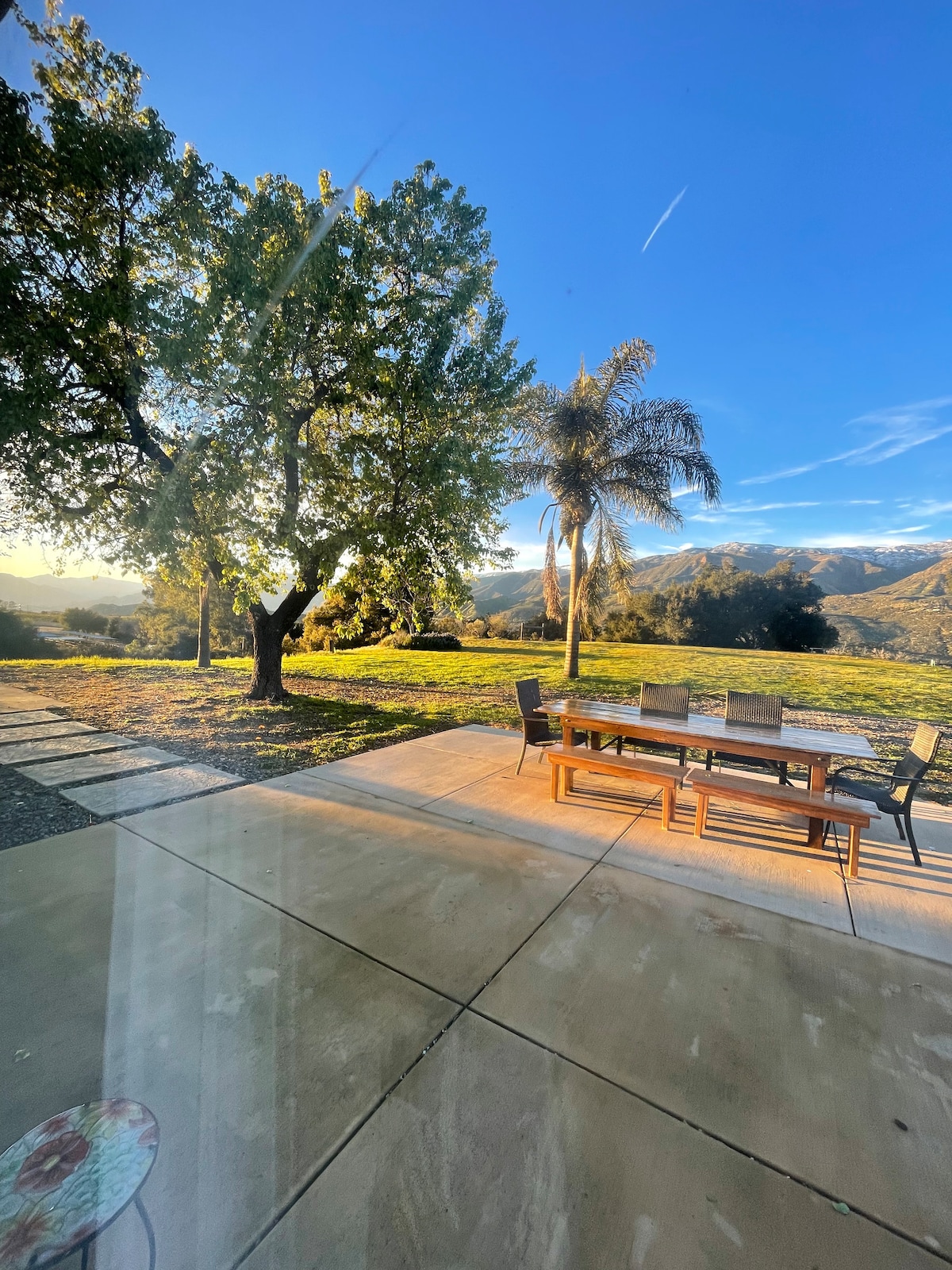 A spacious outdoor dining area features a wooden table surrounded by comfortable chairs. Lush green grass stretches toward the mountains, providing a scenic backdrop. Tall trees and a palm tree are visible under a clear blue sky, creating a serene atmosphere for outdoor meals.