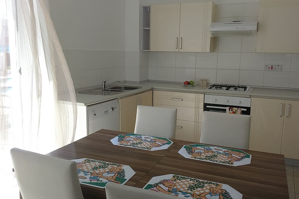 Kitchen (fridge, stove, washing machine, dishwasher, kitchen utensils).