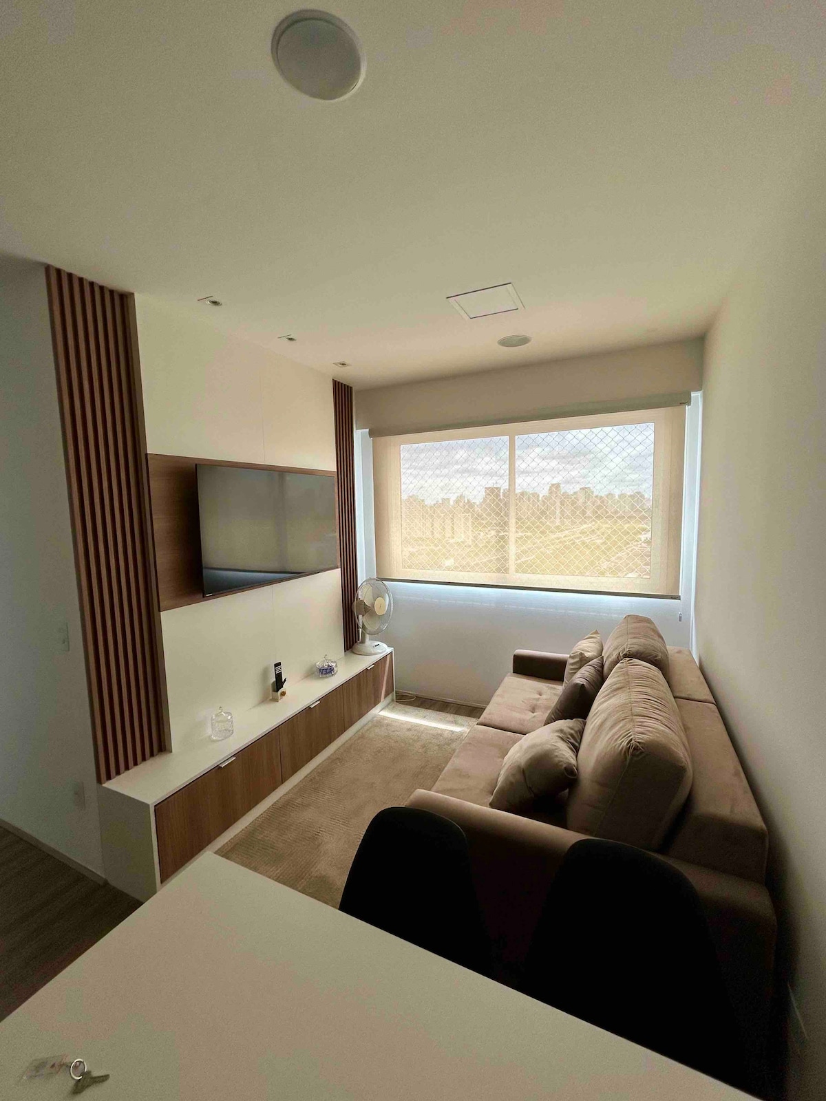 A light-filled living area features a comfortable brown sofa positioned across from a mounted television. A window offers a view of the city skyline, with sheer curtains allowing soft light to filter through. Minimal decor complements the neutral color palette.