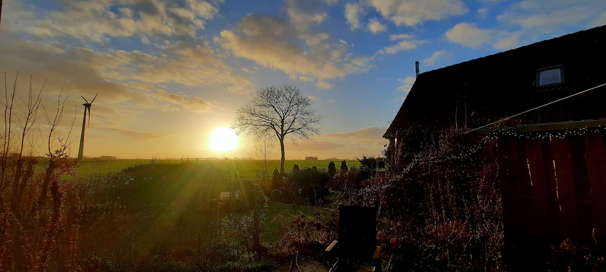A serene landscape features a sunset behind fields, with the sun casting warm light across the scene. In the foreground, a tree stands silhouetted, while a wind turbine is visible in the distance, complementing the natural surroundings.