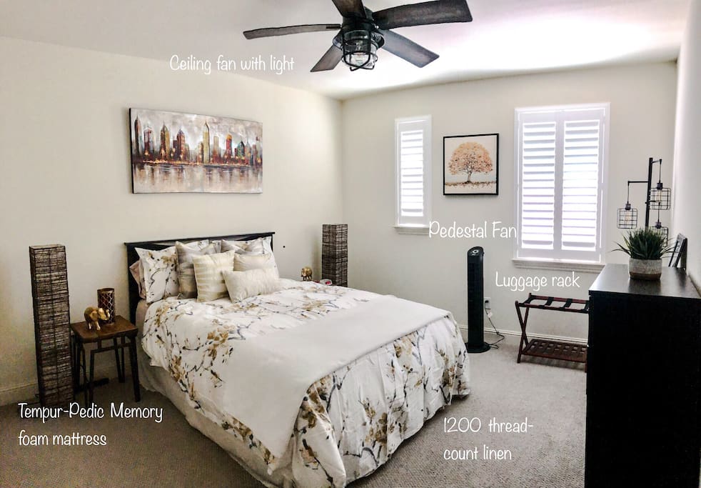 Guest Bedroom: Queen bed with a brand-new memory foam infused tempurpedic mattress.
Amenities: 1200 tread-count sheets, clean linen, ceiling and pedestal fan, luggage rack, iron & ironing board.