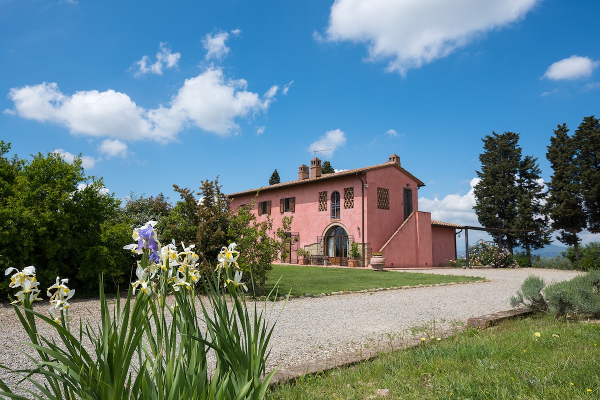An elegant pink villa is framed by a landscaped garden, showcasing blooming irises in the foreground. The structure features arched windows and a welcoming entrance, set against a backdrop of clear blue skies and scattered clouds.