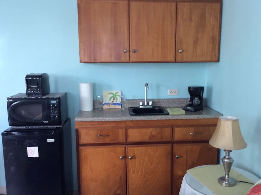 Great kitchenette with refrig, microwave, coffee pot, toaster, blender.
