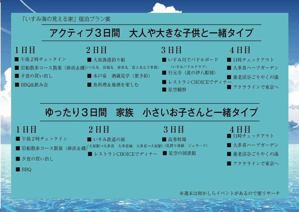 私ならこう過ごすと思うプランです。週末はいろいろなイベントもありますので問い合わせください。