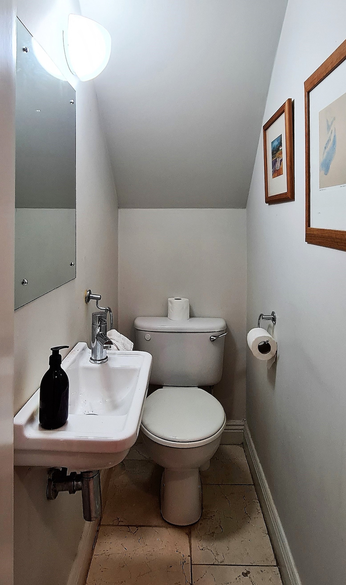 A compact guest bathroom features a white sink and modern toilet. A mirror is mounted above the sink, with an overhead light providing illumination. Framed artwork adorns the walls, and essentials such as soap and toilet paper are neatly arranged.