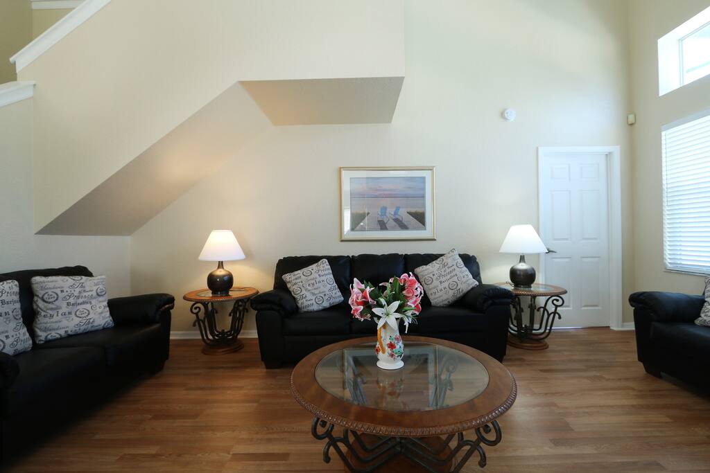 3 new leather sofas and large flat screen tv provide plenty of room for relaxation inside the house