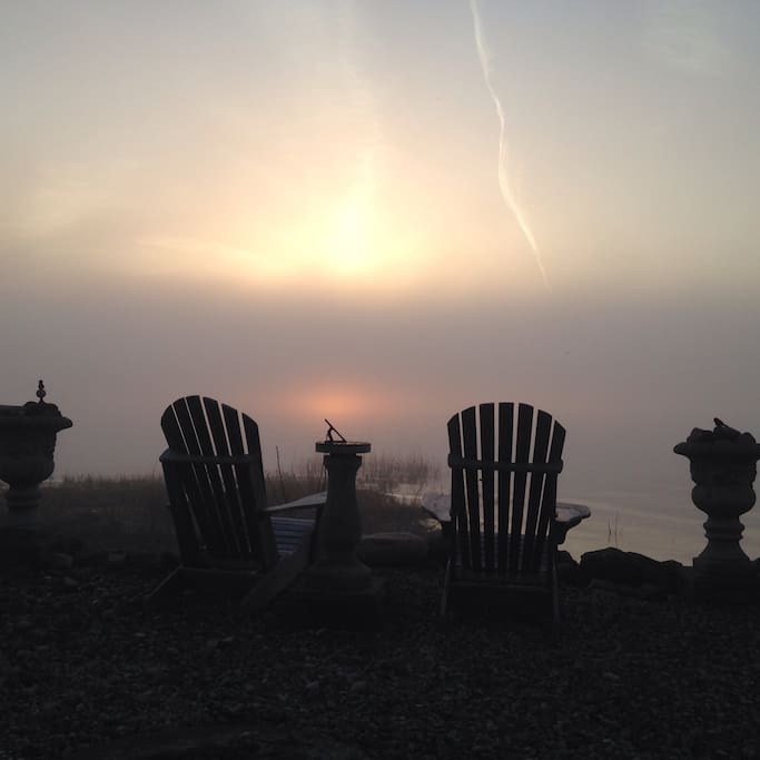 foggy evening sunset by the fire pit..