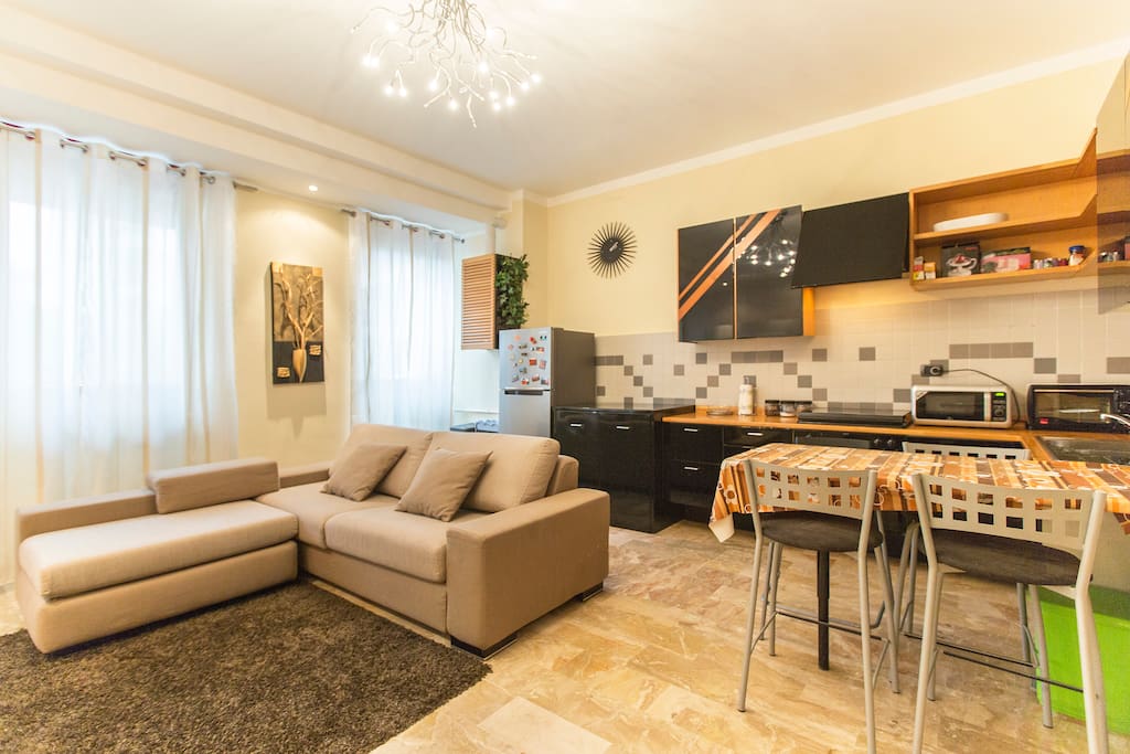 Large and bright and comfortable living room with sofa bed