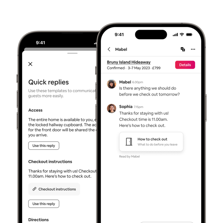 Airbnb app showing a Host sending checkout tasks with a quick reply. A ‘read receipt’ indicates that the message was read by the guest.