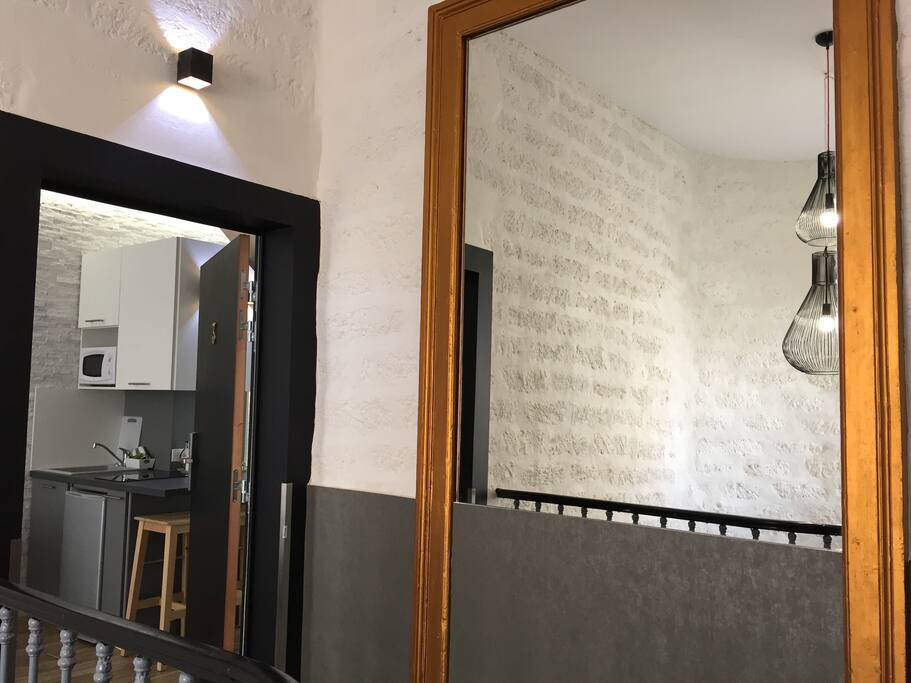 Palier / Entrée de la suite (appartement). Pierres de Castries apparentes murales et escaliers en pierres, dans maison de caractère au cœur de ville de Montpellier.