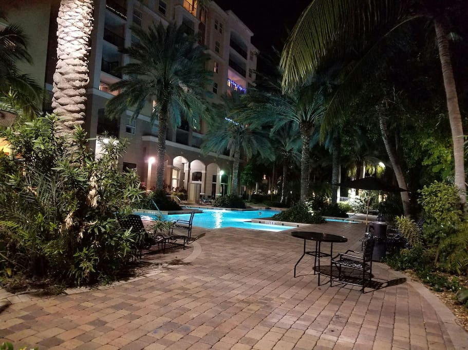 Pool area by night.