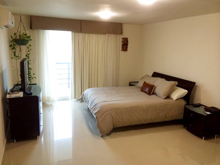 Esta habitación está disponible para un máximo de 2 adultos y 1 niño.  Tiene una planta real, TV de pantalla plana, toneladas de cajones, vestidor, un baño privado completo y un balcón privado que conduce al patio trasero.