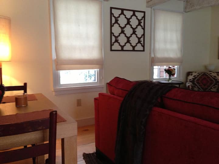 Living room w/ table for meals, new custom sofa bed and designer armchair