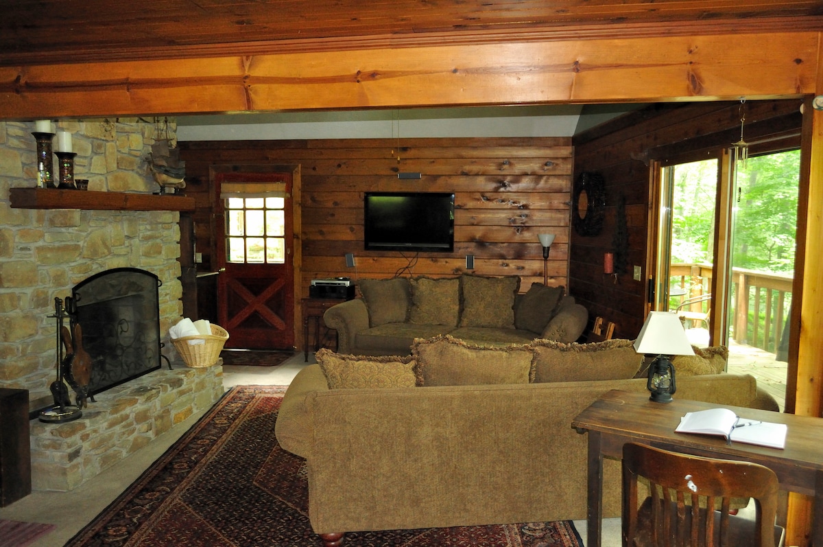 A cozy living area features plush seating arranged around a stone fireplace, complemented by warm wooden walls. A flat-screen TV is mounted above a wooden console. Natural light streams in through sliding glass doors that open to an outdoor deck.