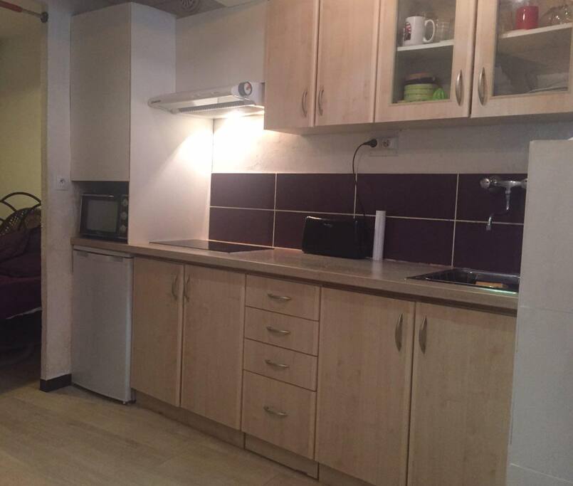 A little kitchen with fridge, oven, electric stove, there is a coffee machine in the living room.