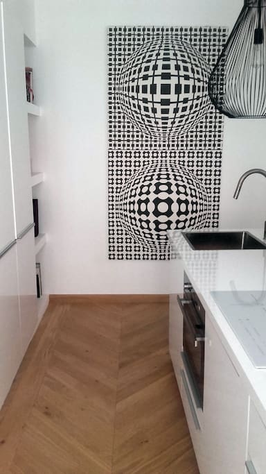 cusine, refrigerateur avec congélateur, lave vaisselle, four combi micro-onde, plaque à induction