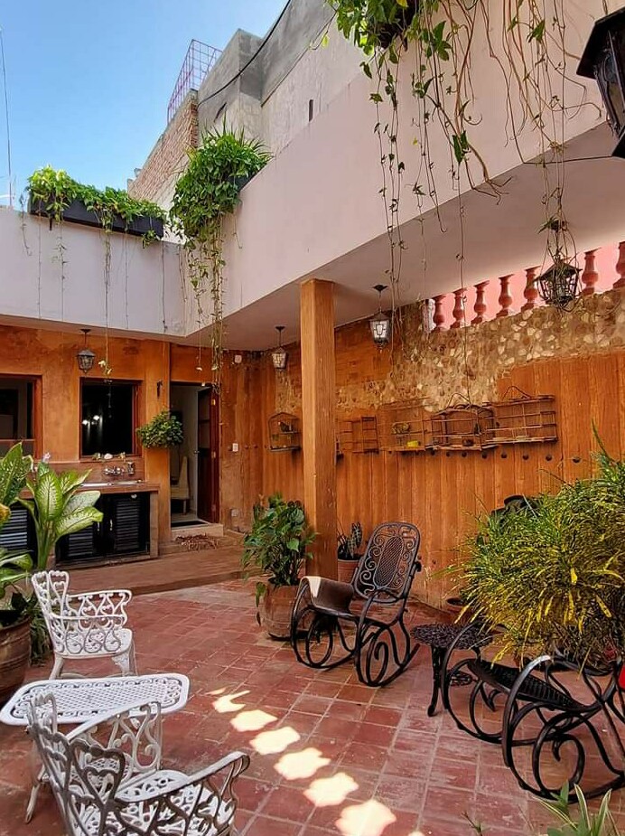 An inviting courtyard is framed by warm wooden walls, adorned with hanging plants. Several chairs are arranged around a central area, creating a relaxed atmosphere. Natural light filters through the open space, enhancing the greenery and earthy tones of the surroundings.
