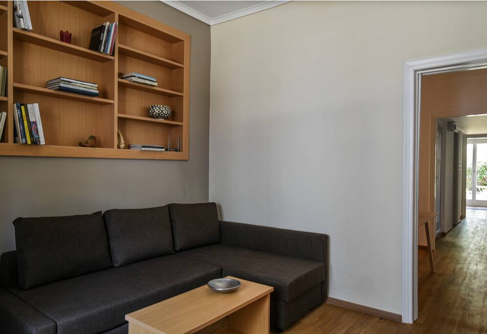Το σαλόνι με τον καναπέ κρεβάτι / the living room with the sofa bed.