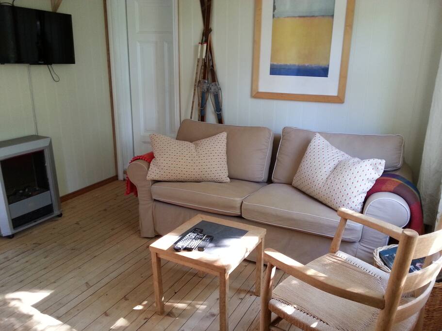 Stue med sovesofa, elektrisk peis og tv