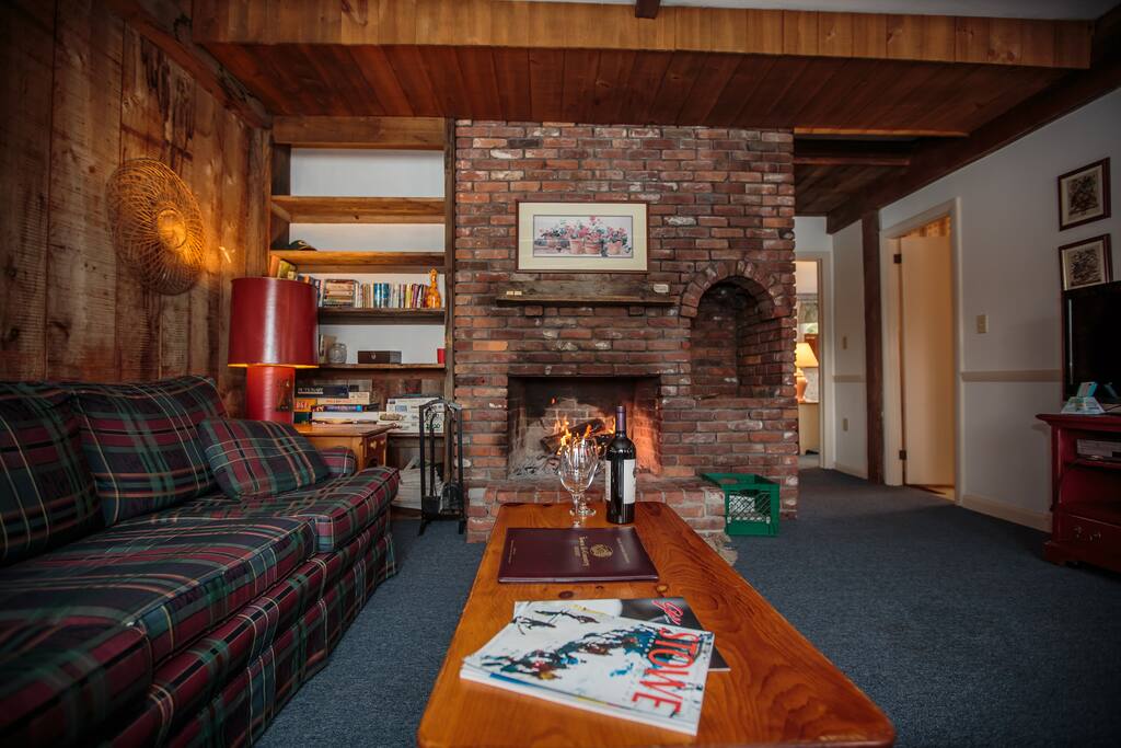 Living room wood fireplace