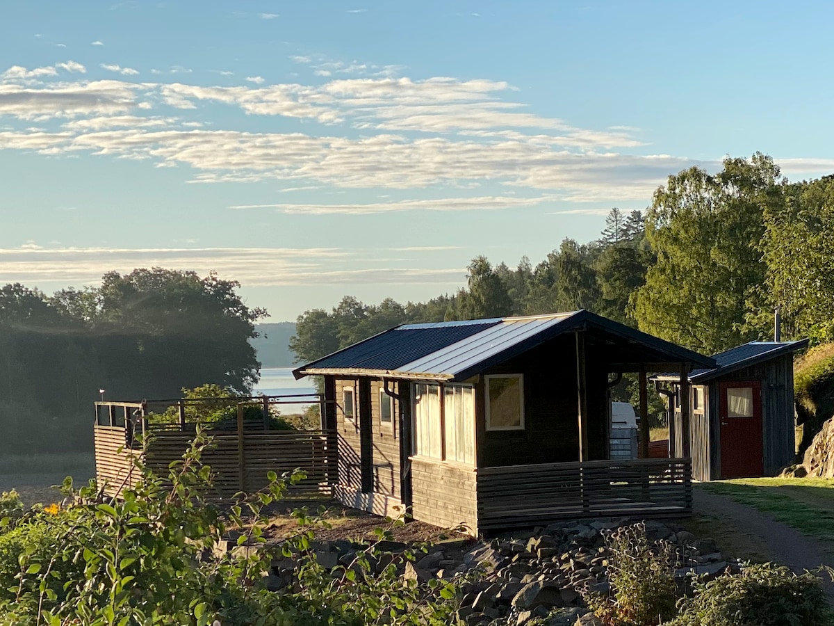 A wooden cabin with a blue metal roof is positioned near the water, surrounded by trees and lush greenery. A spacious deck with railing extends from the cabin, and a separate building is visible nearby, contributing to a serene setting.