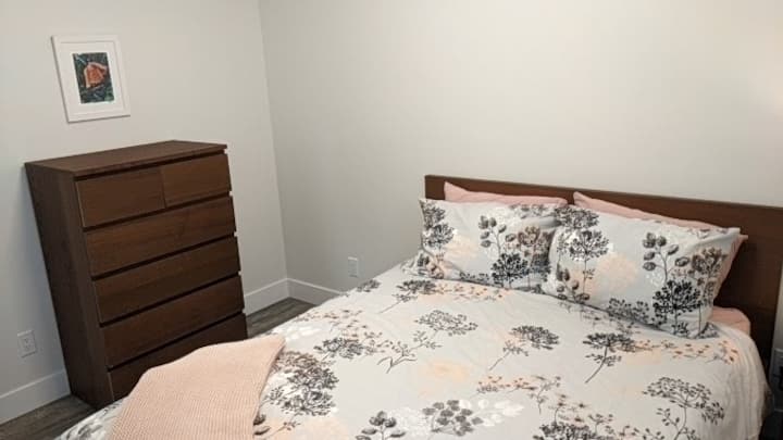 Queen bed and drawers.