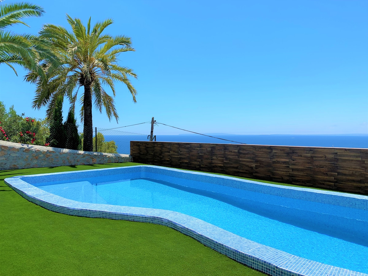 A private pool is set in a green lawn, surrounded by palm trees and framed by a wooden fence. The sparkling blue water reflects the clear sky, offering a refreshing ambiance with a view of the distant sea.