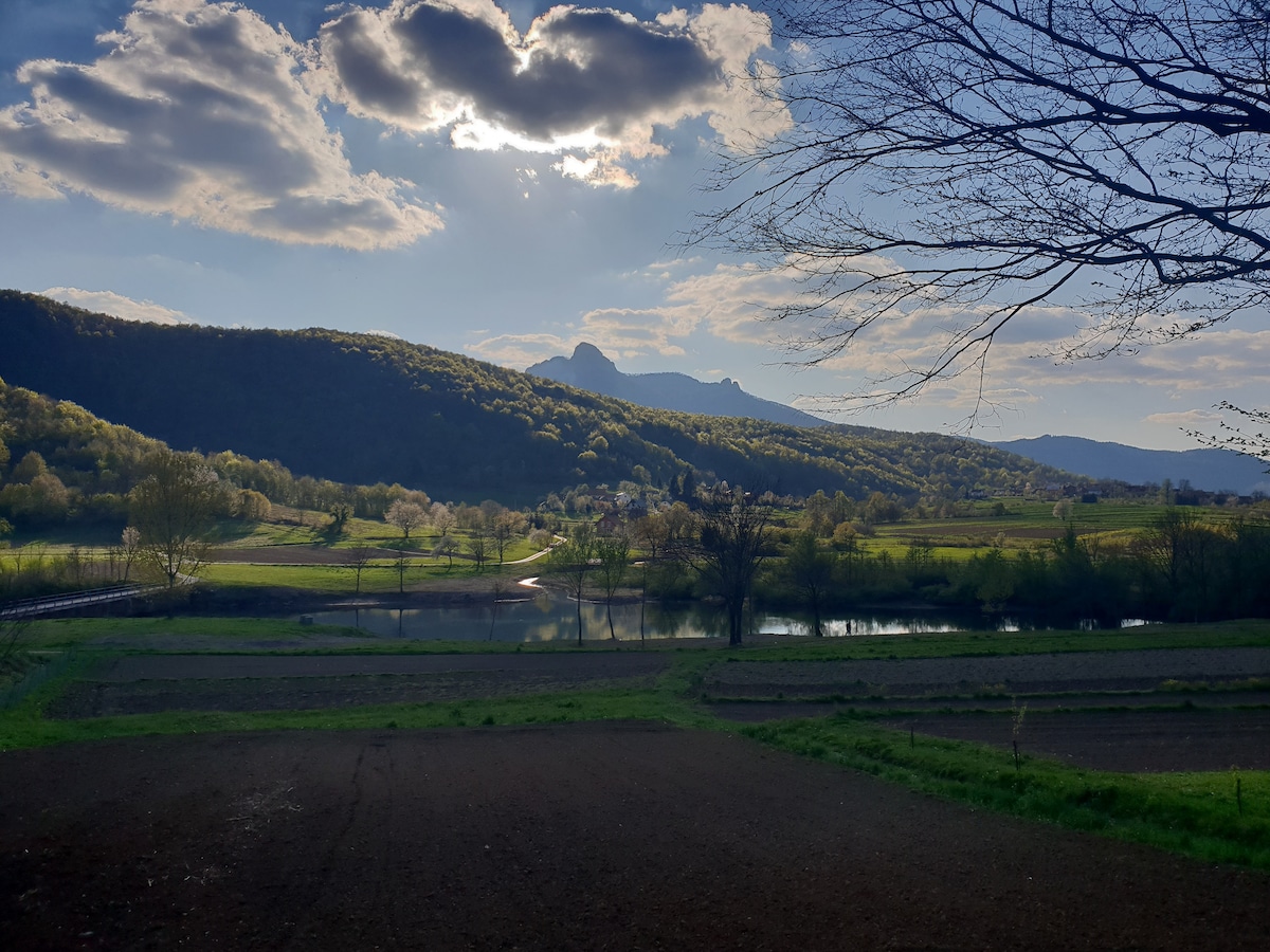 A serene landscape showcases rolling hills under a partly cloudy sky. A calm body of water reflects the surrounding greenery, while fields stretch in the foreground. The distant mountain peaks are visible, contributing to the tranquil natural setting.