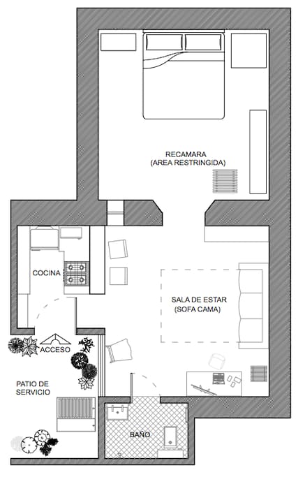 PLANTA ARQUITECTONICA: Distribución de los espacios, todas son areas comunes, a excepción de la recamara