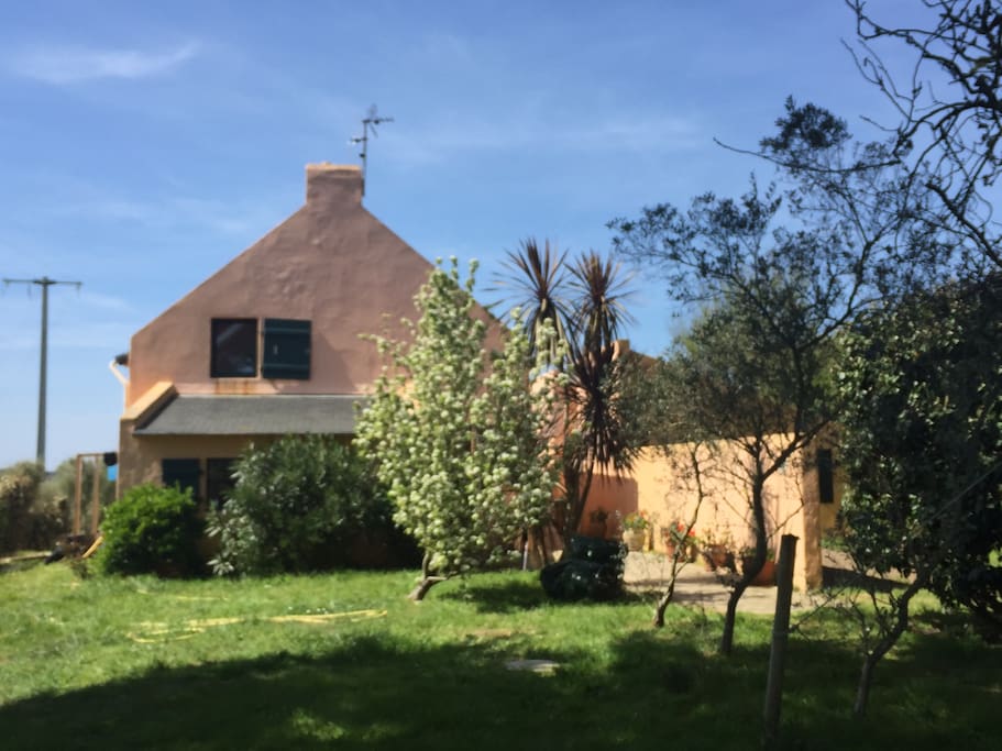 La maison a2 batiments. La maison de jour et la maison de nuit.
à Gauche la maison où il y a la cuisine, le séjour, la salle à manger et la mezzanine.
A droite la maison où il y a 4 chambres.