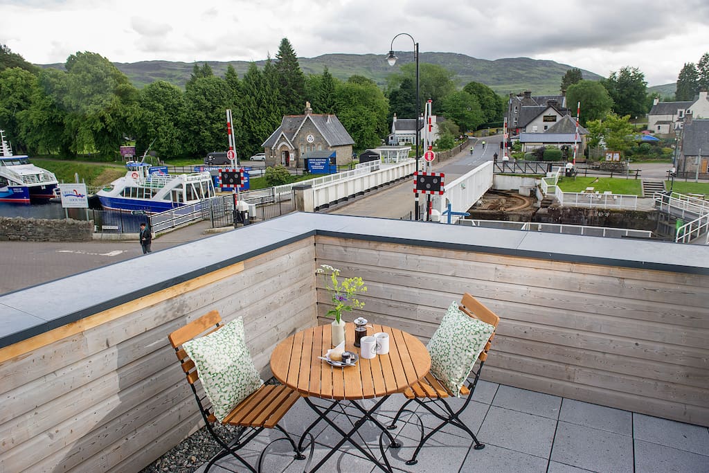 Outside terrace with views over Fort Augustus and the River Oich