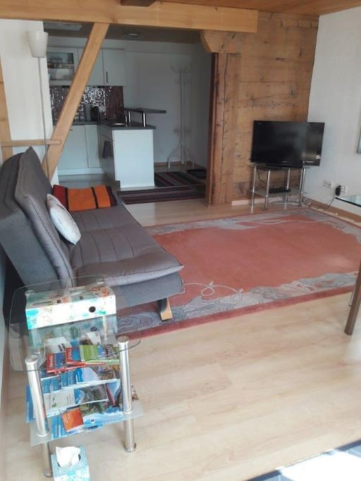 Wohnzimmer mit Blick in Küche und Garderobe