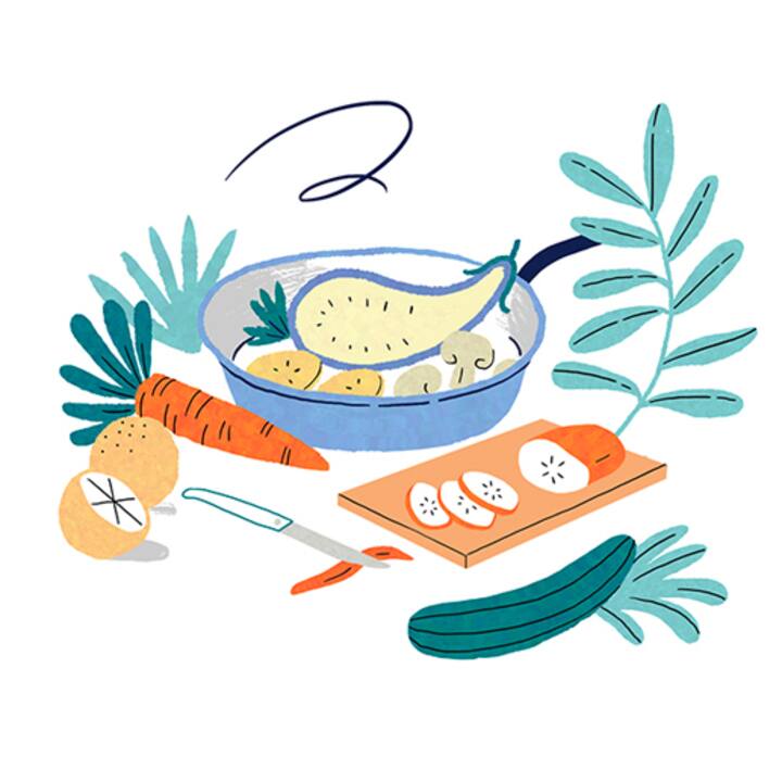 illustration of food on a cutting board and a pan